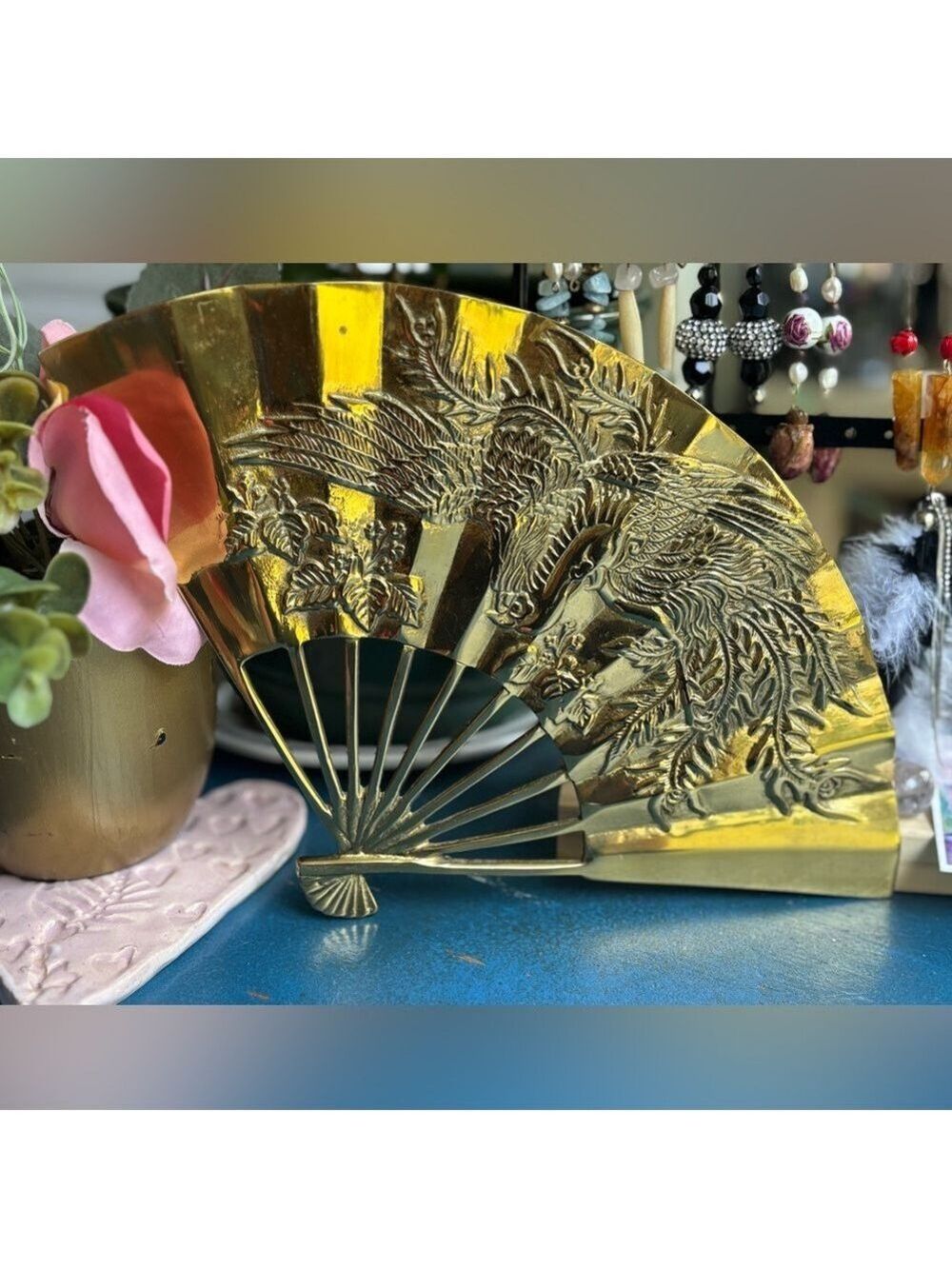 VINTAGE Taiwan ROC Gold Tone Phoenix Fan • Ornate Relief Art • Prosperity Decor - Picture 5 of 16